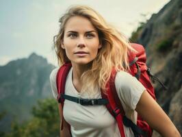 Determined woman climbs a steep mountain trail AI Generative photo