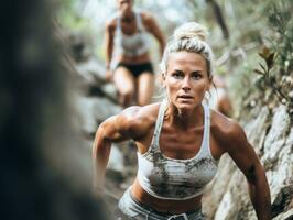 Determined woman climbs a steep mountain trail AI Generative photo