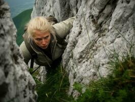 determinado mujer sube un escarpado montaña sendero ai generativo foto