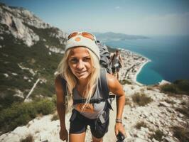 Determined woman climbs a steep mountain trail AI Generative photo