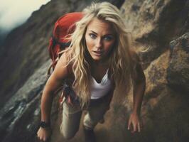 Determined woman climbs a steep mountain trail AI Generative photo