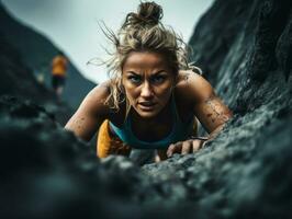 determinado mujer sube un escarpado montaña sendero ai generativo foto