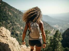 Determined woman climbs a steep mountain trail AI Generative photo