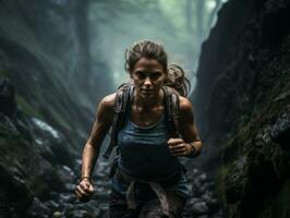 determinado mujer sube un escarpado montaña sendero ai generativo foto