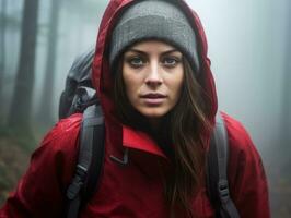 Determined woman climbs a steep mountain trail AI Generative photo