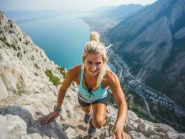 Determined woman climbs a steep mountain trail AI Generative photo