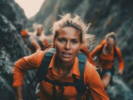 determinado mujer sube un escarpado montaña sendero ai generativo foto