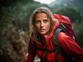 Determined woman climbs a steep mountain trail AI Generative photo