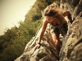 determinado mujer sube un escarpado montaña sendero ai generativo foto