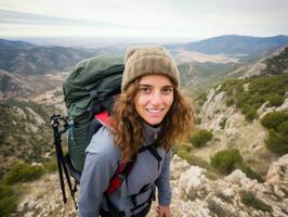 determinado mujer sube un escarpado montaña sendero ai generativo foto