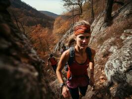 determinado mujer sube un escarpado montaña sendero ai generativo foto