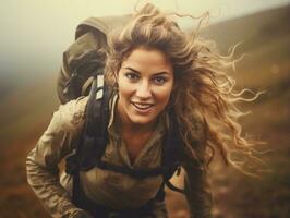 Determined woman climbs a steep mountain trail AI Generative photo