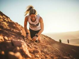 determinado mujer sube un escarpado montaña sendero ai generativo foto