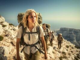 determinado mujer sube un escarpado montaña sendero ai generativo foto