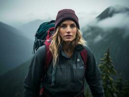 determinado mujer sube un escarpado montaña sendero ai generativo foto