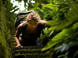 Determined woman climbs a steep mountain trail AI Generative photo