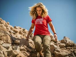 determinado mujer sube un escarpado montaña sendero ai generativo foto