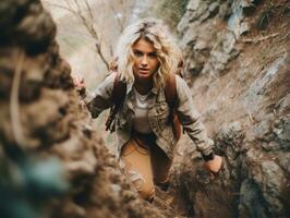 Determined woman climbs a steep mountain trail AI Generative photo