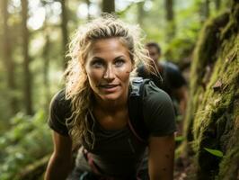 Determined woman climbs a steep mountain trail AI Generative photo