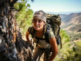 determinado mujer sube un escarpado montaña sendero ai generativo foto