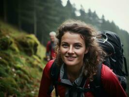 determinado mujer sube un escarpado montaña sendero ai generativo foto