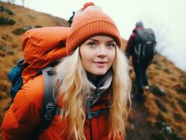 Determined woman climbs a steep mountain trail AI Generative photo