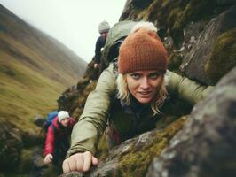 Determined woman climbs a steep mountain trail AI Generative photo