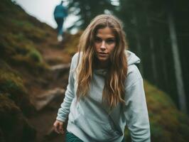 determinado mujer sube un escarpado montaña sendero ai generativo foto