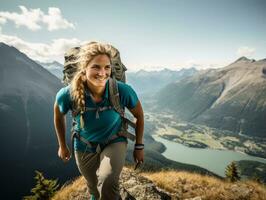 Determined woman climbs a steep mountain trail AI Generative photo