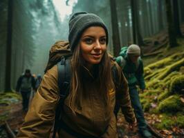 determinado mujer sube un escarpado montaña sendero ai generativo foto