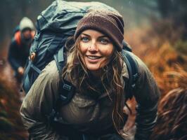 Determined woman climbs a steep mountain trail AI Generative photo