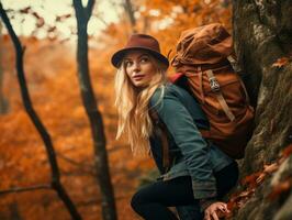 Determined woman climbs a steep mountain trail AI Generative photo