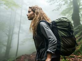 Determined woman climbs a steep mountain trail AI Generative photo