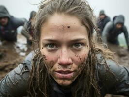 Determined woman climbs a steep mountain trail AI Generative photo