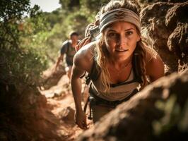 determinado mujer sube un escarpado montaña sendero ai generativo foto