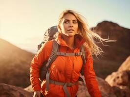 Determined woman climbs a steep mountain trail AI Generative photo