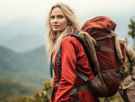 Determined woman climbs a steep mountain trail AI Generative photo