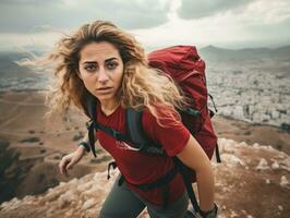 Determined woman climbs a steep mountain trail AI Generative photo