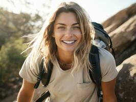 determinado mujer sube un escarpado montaña sendero ai generativo foto