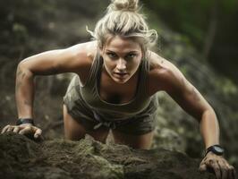 determinado mujer sube un escarpado montaña sendero ai generativo foto