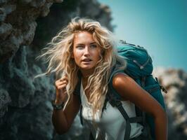 Determined woman climbs a steep mountain trail AI Generative photo