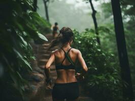 determinado mujer sube un escarpado montaña sendero ai generativo foto