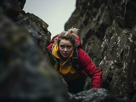 Determined woman climbs a steep mountain trail AI Generative photo