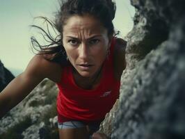 Determined woman climbs a steep mountain trail AI Generative photo