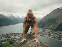 determinado mujer sube un escarpado montaña sendero ai generativo foto