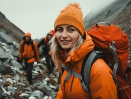 Determined woman climbs a steep mountain trail AI Generative photo