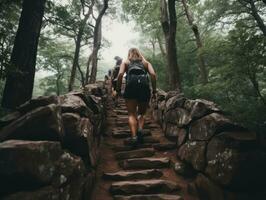 Determined woman climbs a steep mountain trail AI Generative photo