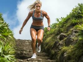 Determined woman climbs a steep mountain trail AI Generative photo