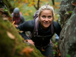 Determined woman climbs a steep mountain trail AI Generative photo