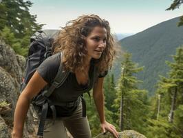 determinado mujer sube un escarpado montaña sendero ai generativo foto